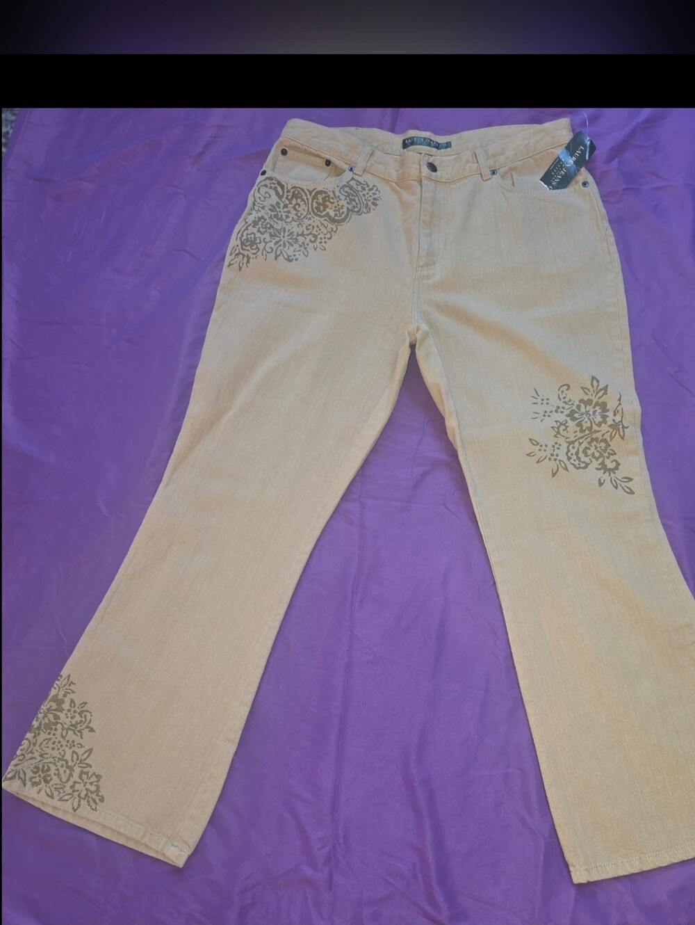 Lauren Jeans Co. By Ralph Lauren. Embroidered Beige Wide-Leg Women's Jeans- 14P